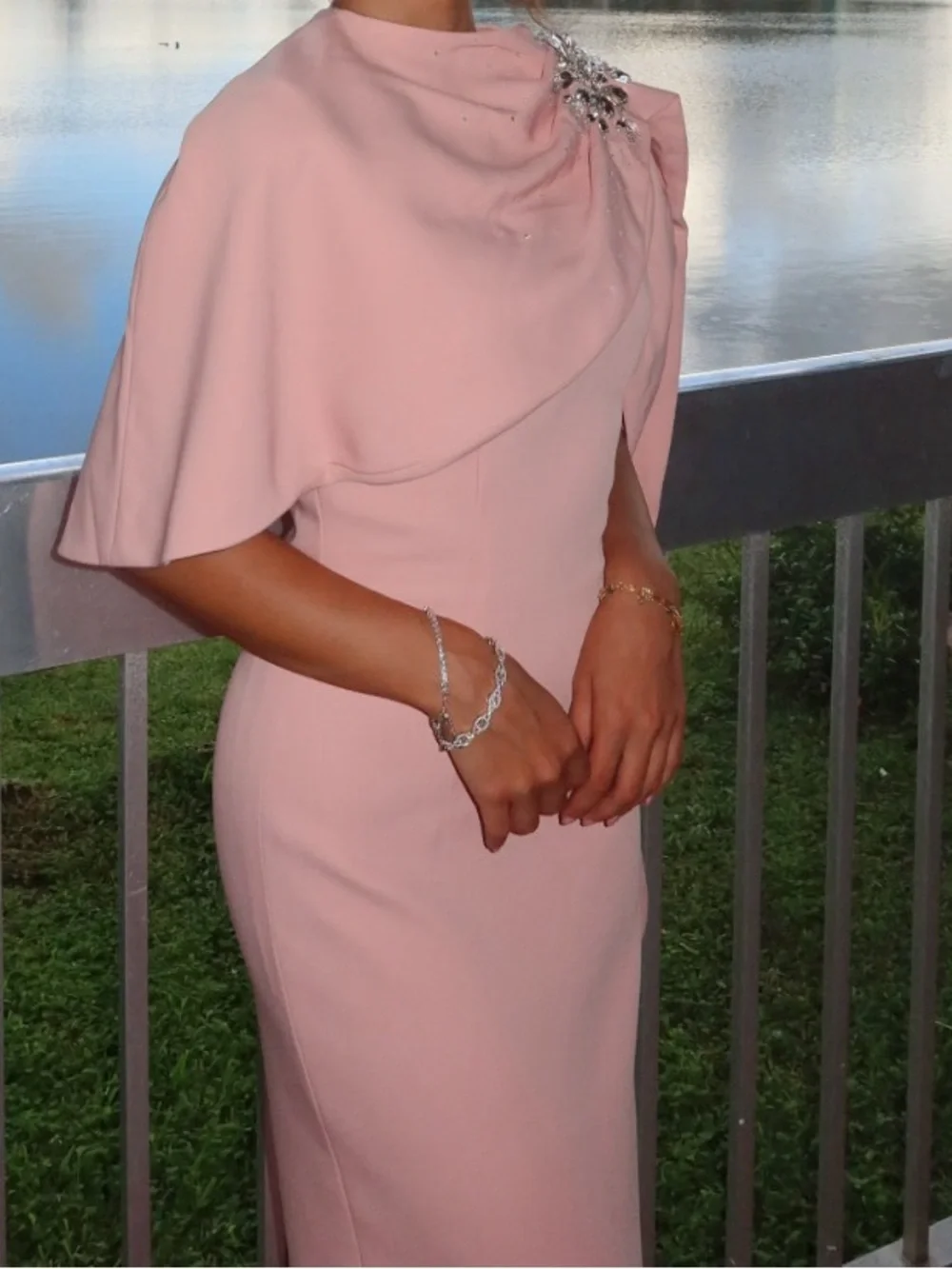 Blush Pink One-Shoulder Cape Maxi Dress